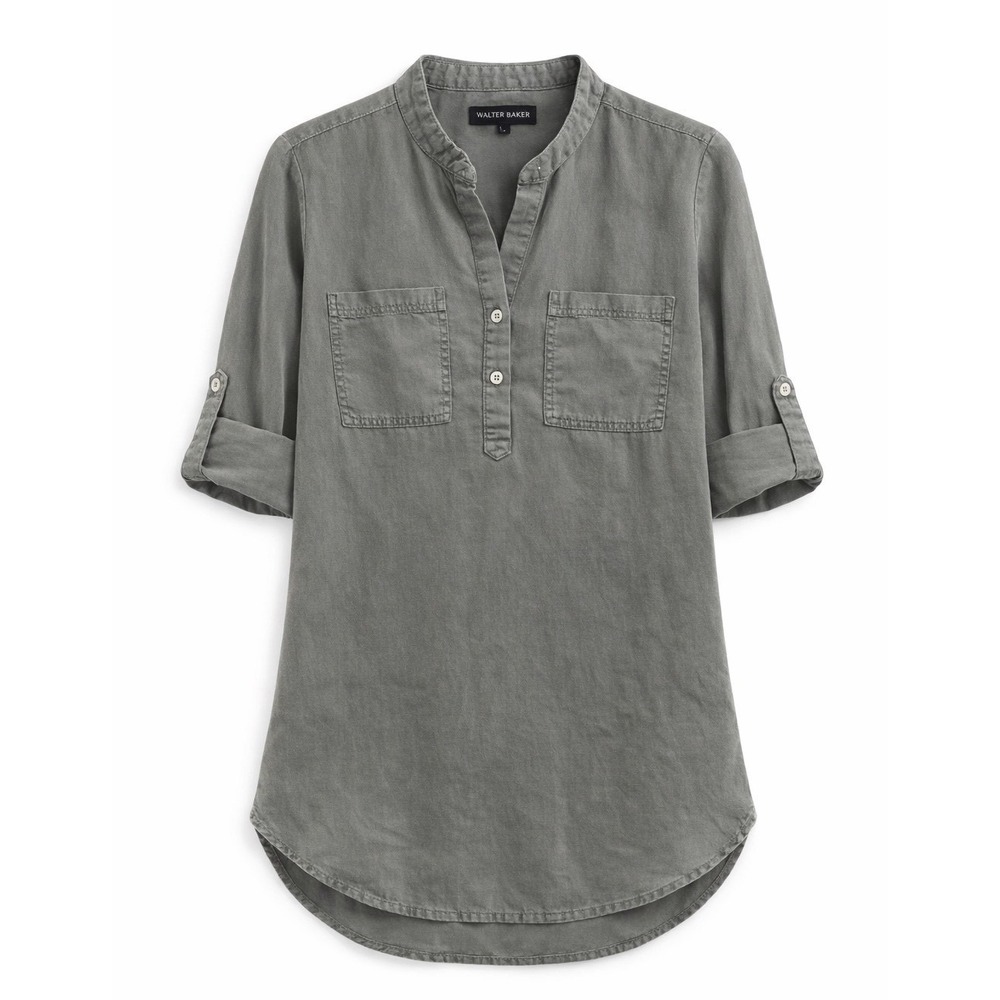 Walter Baker Olive Green Tunic Shirt Dress Roll Tab Sleeve Large